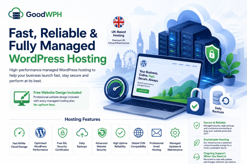 Illustration of GoodWPH managed WordPress hosting showing secure UK-based cloud servers, fast website performance, SSL security, daily backups, and fully managed hosting services.